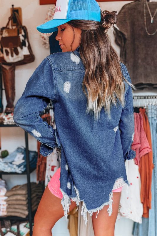 Blue Distressed Long Denim Jacket
