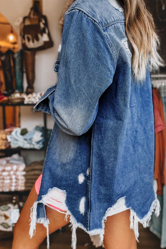 Blue Distressed Long Denim Jacket