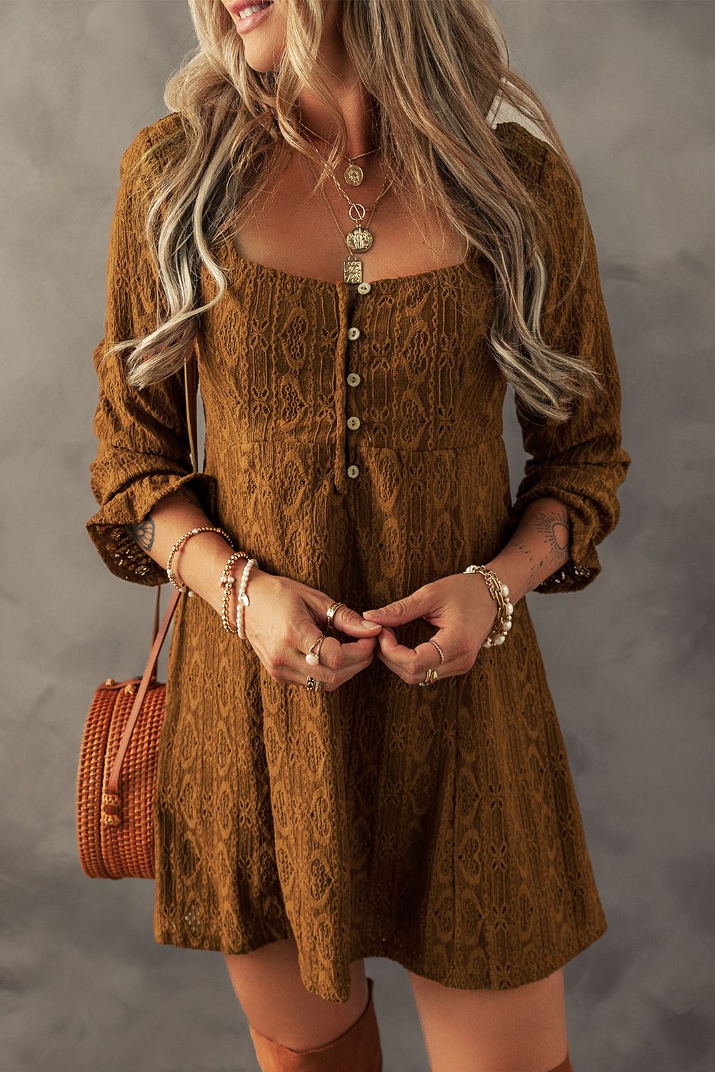 Rust Square Neck Crochet Dress