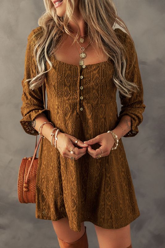 Rust Square Neck Crochet Dress