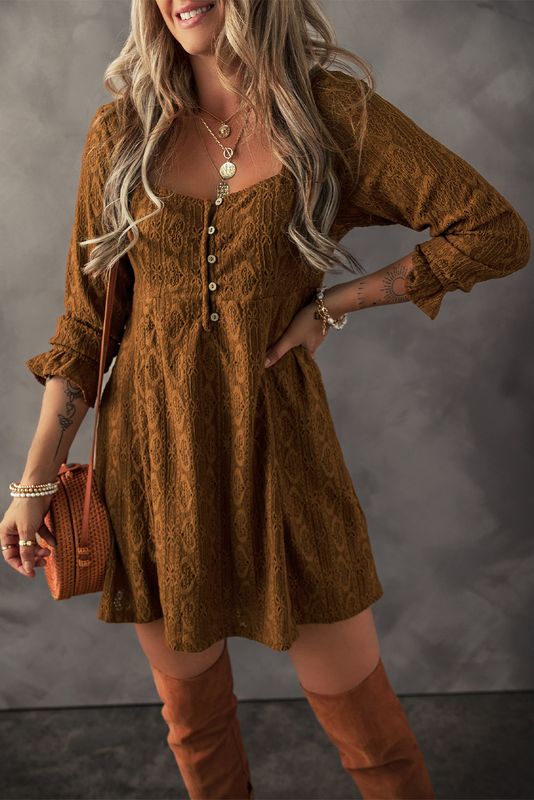 Rust Square Neck Crochet Dress
