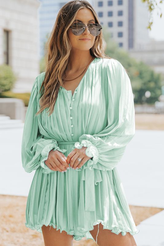 Green Pleated V Neck Romper