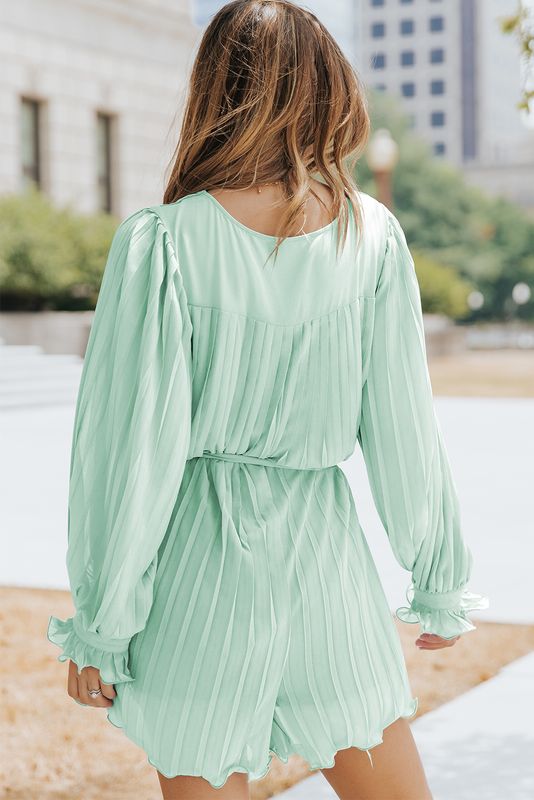 Green Pleated V Neck Romper