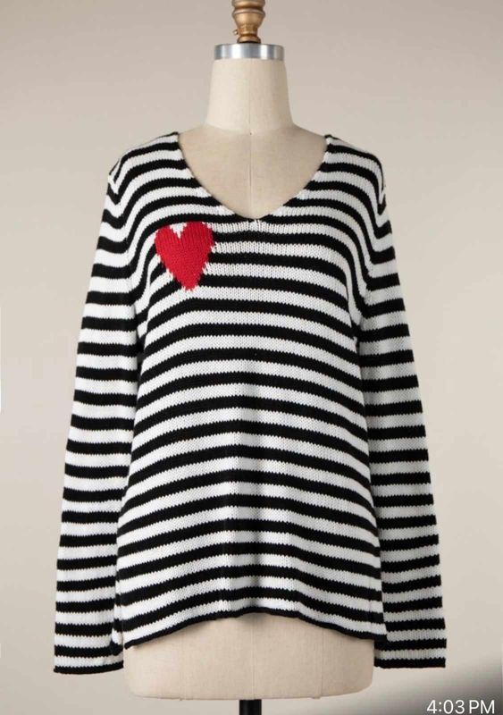 Black And White Striped Heart Sweater