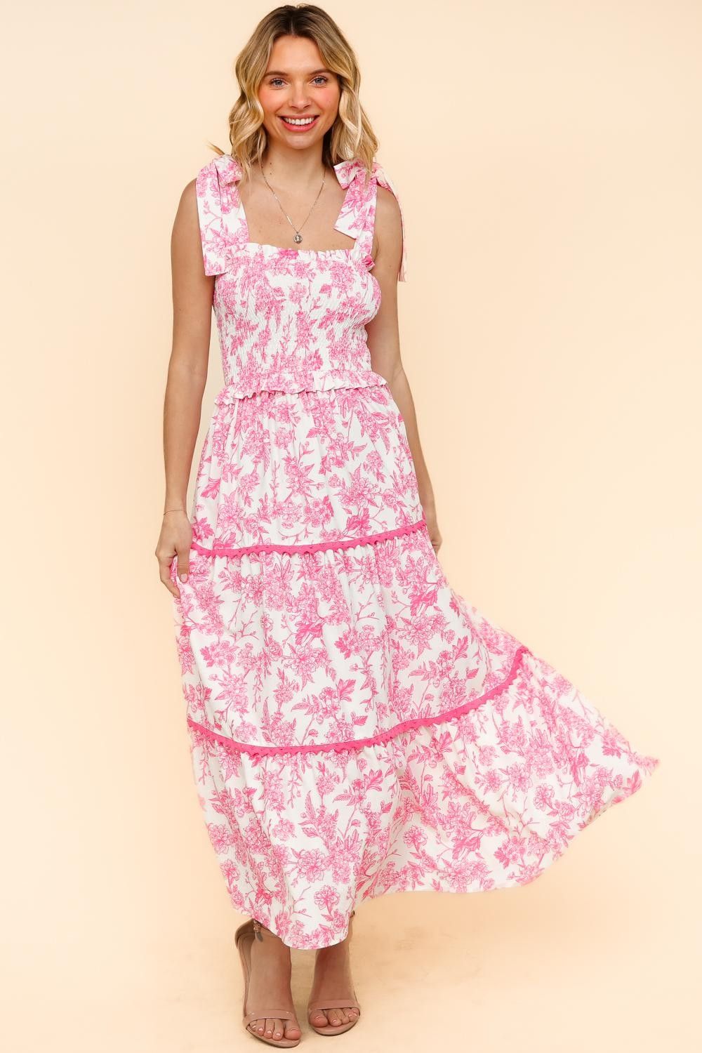Ruffled Bow Tied Shoulder Smocked Dress