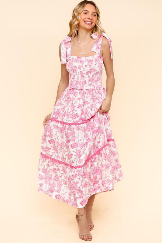 Ruffled Bow Tied Shoulder Smocked Dress