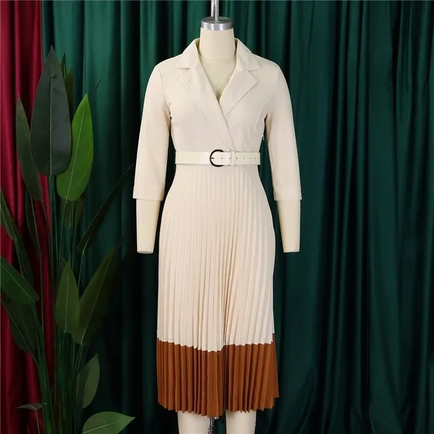 Pleated Dress with Suit Collar And Belt