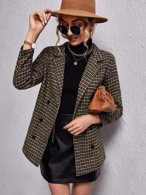 Houndstooth Plaid Blazer Raincoat