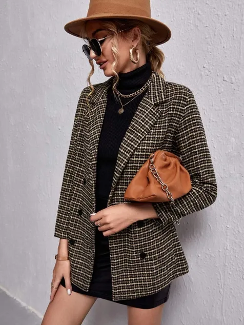 Houndstooth Plaid Blazer Raincoat