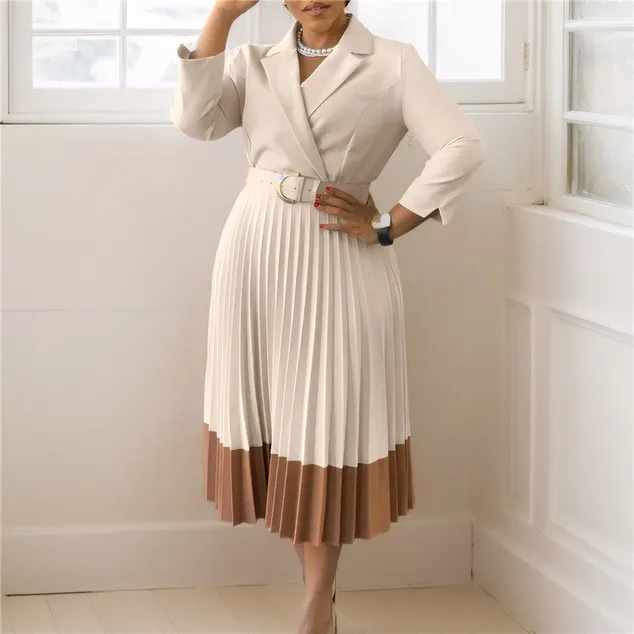 Pleated Dress with Suit Collar And Belt