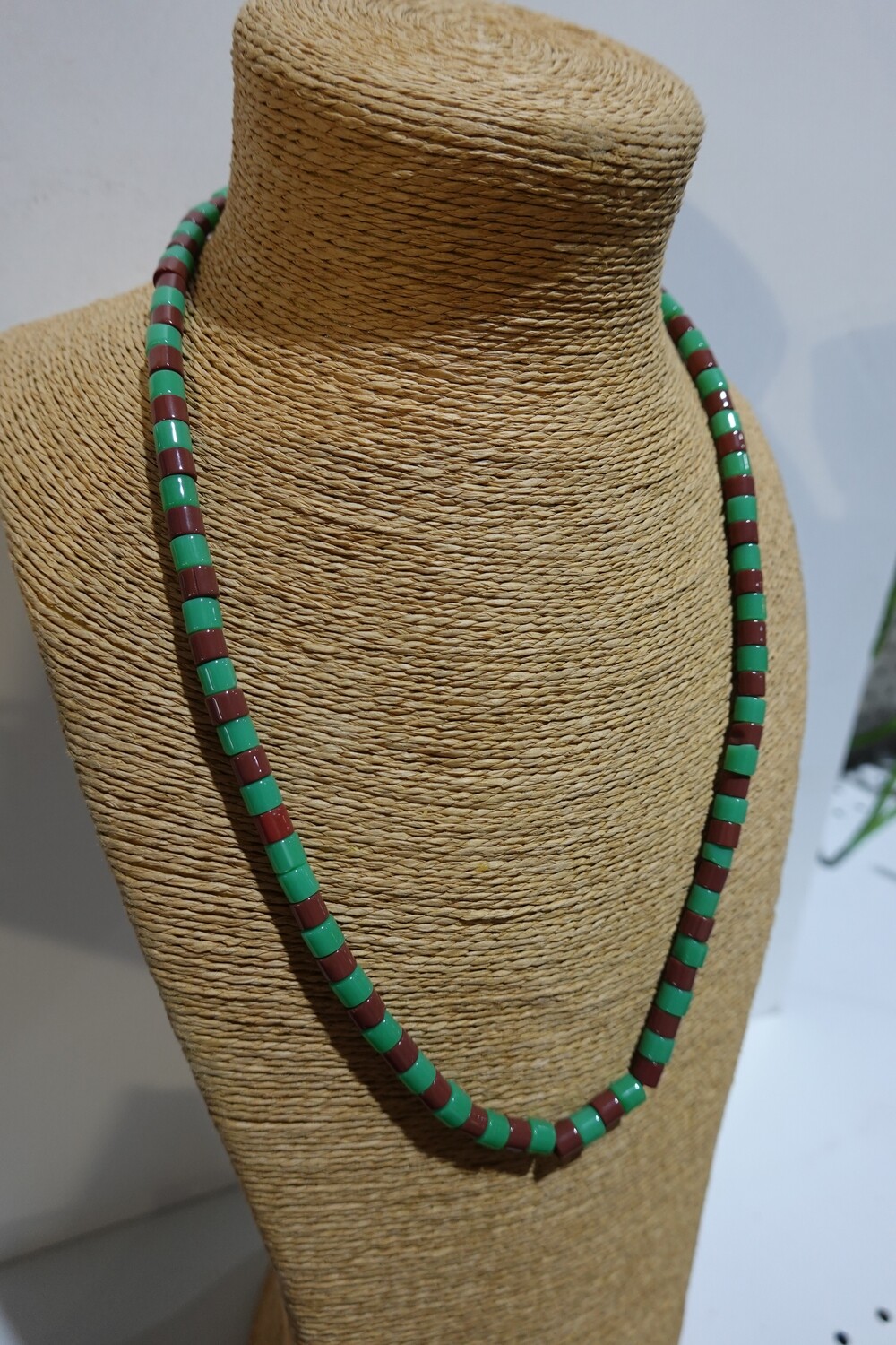 Bead Necklace or Bracelet - Shiny Bead - Cylinder Shaped (Medium Size), Color: Green/Brown