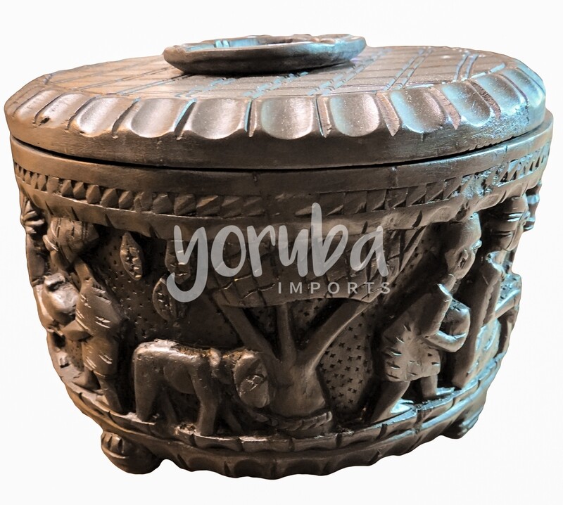 Wooden Pot - Large Round Village Scene