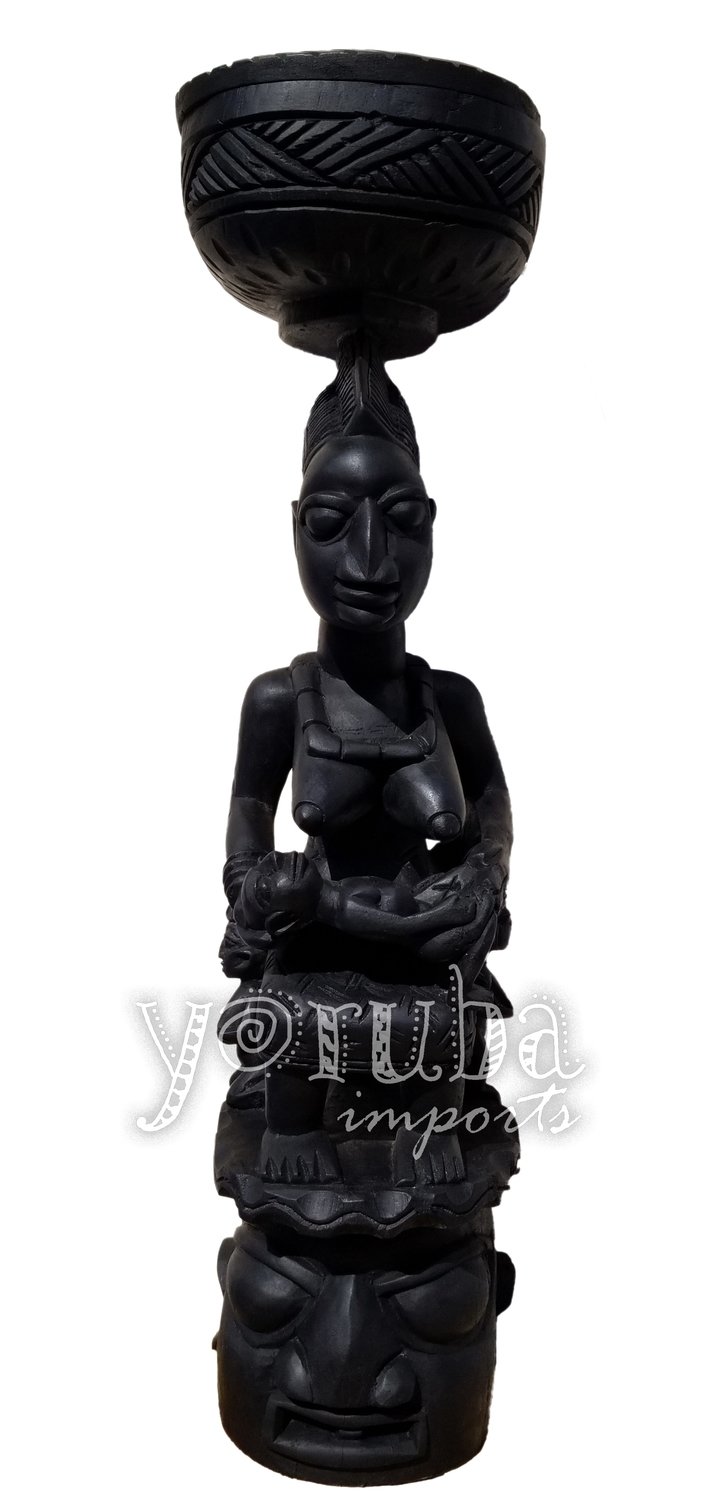 Wooden Ajere - 36 Inch Tall Mother with Child Seating on Mask