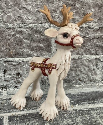 White Reindeer with harness for sled
