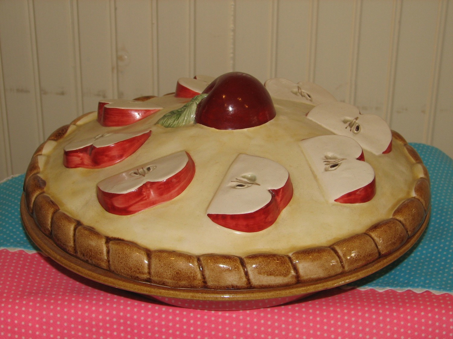 Over & Back Ceramic Pie Keeper. Cover Has Apples on Top