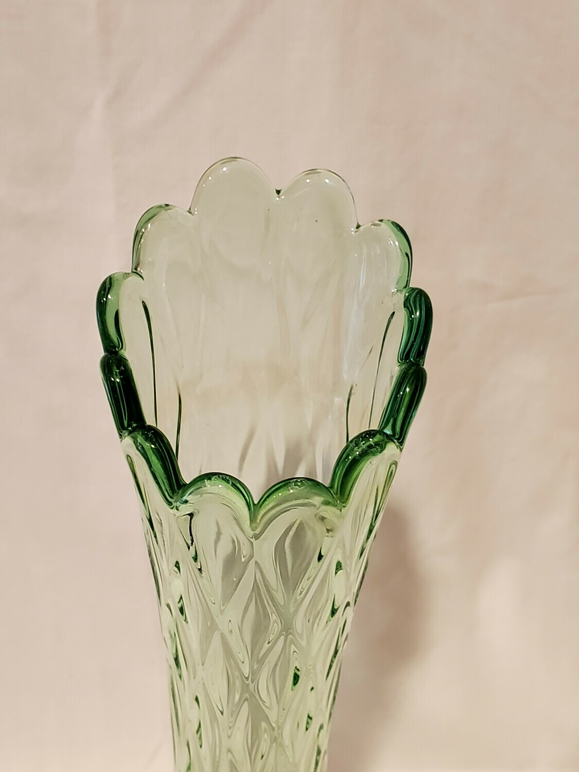 Jefferson Glass, Swung Vase, 11.5" H Diamond Oval Thumbprint Green