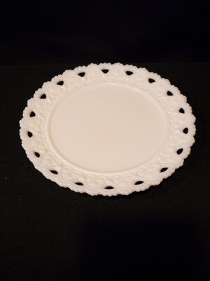Kemple Milk Glass, Bread &amp; Butter Plate 7 1/4" W, Beaded Heart Open Lace pattern.