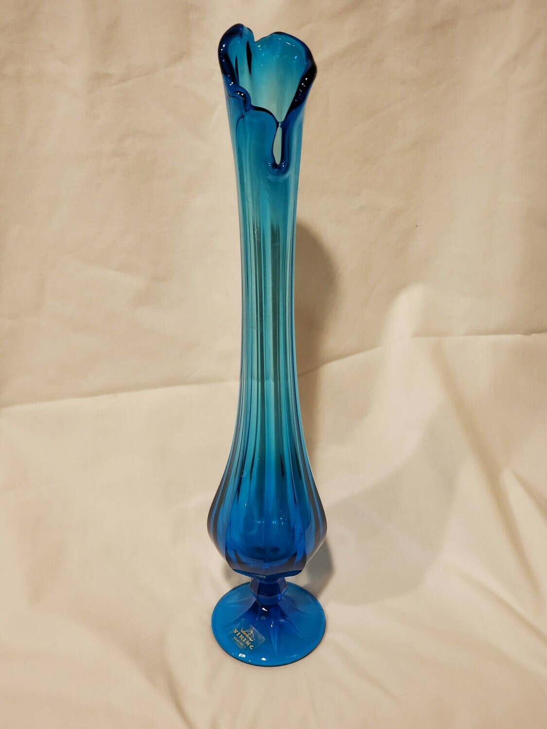 RARE Viking Epic Blue (Bluenique), Swung Vase, Footed, 15 1/4" H, Enneagon Pattern.