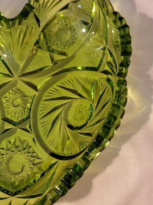 Fenton, Vintage Heart Shaped, Green Carnival Glass, 6 1/4" x 6 1/4"