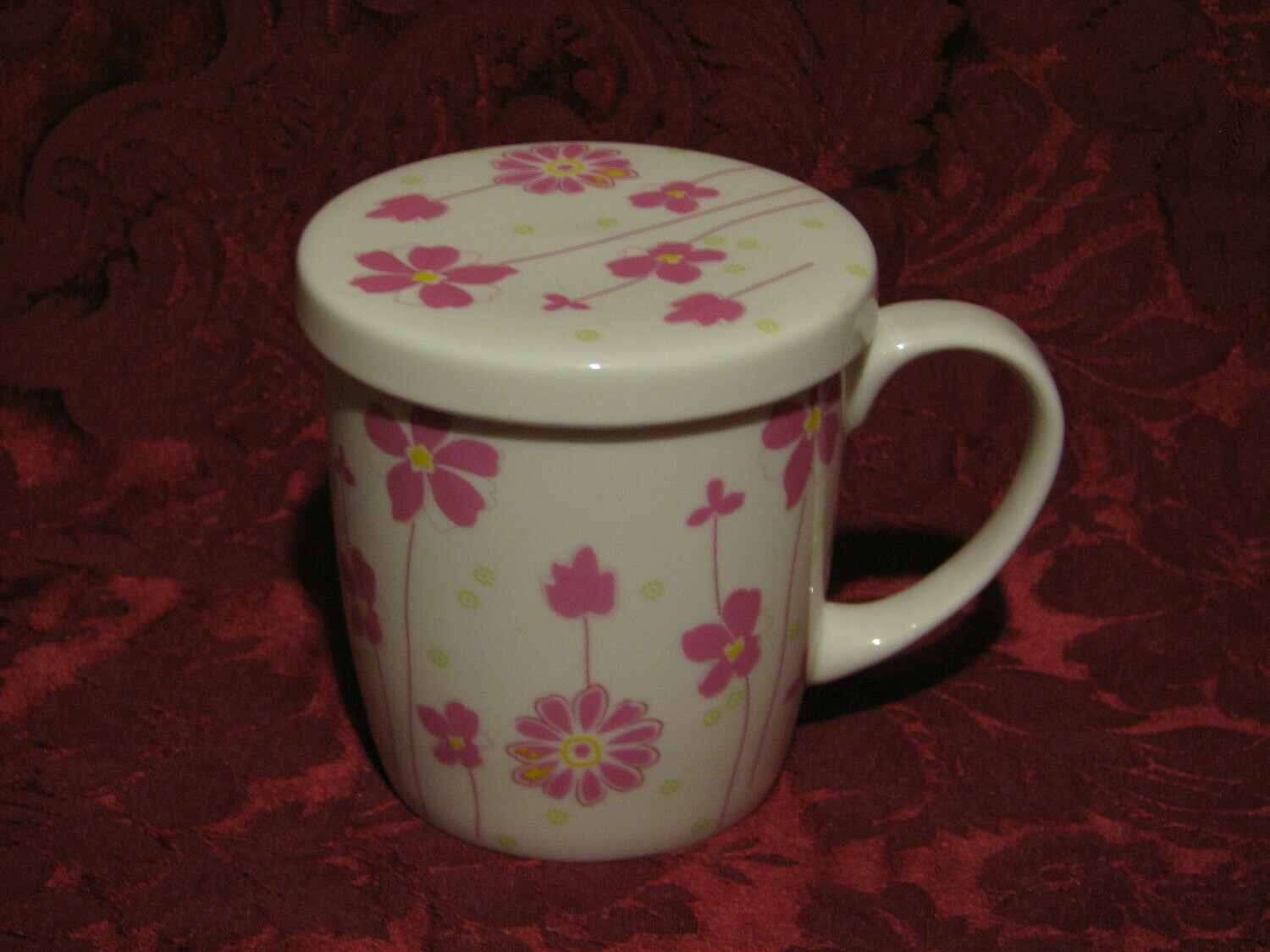 Fine Bone China, Mug With Lid, Pink Ploral Design on cup & Lid