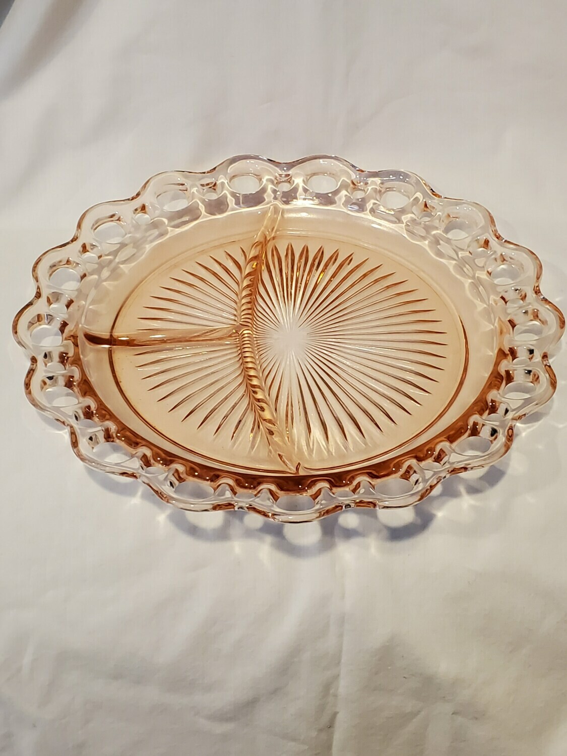 Anchor Hocking, 3 Part Relish Tray, Pink Open Lace (Old Colony) Pattern