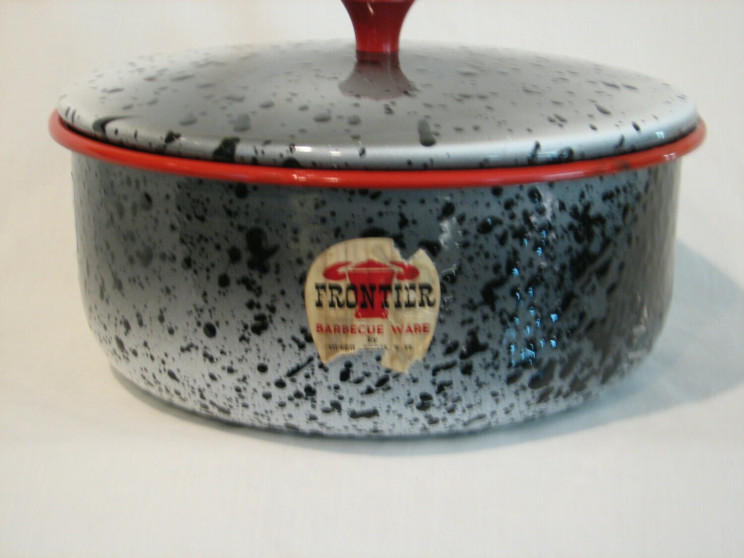 Enamel Ware, Frontier, Speckled Black &amp; Grey Vintage W/Red Rim