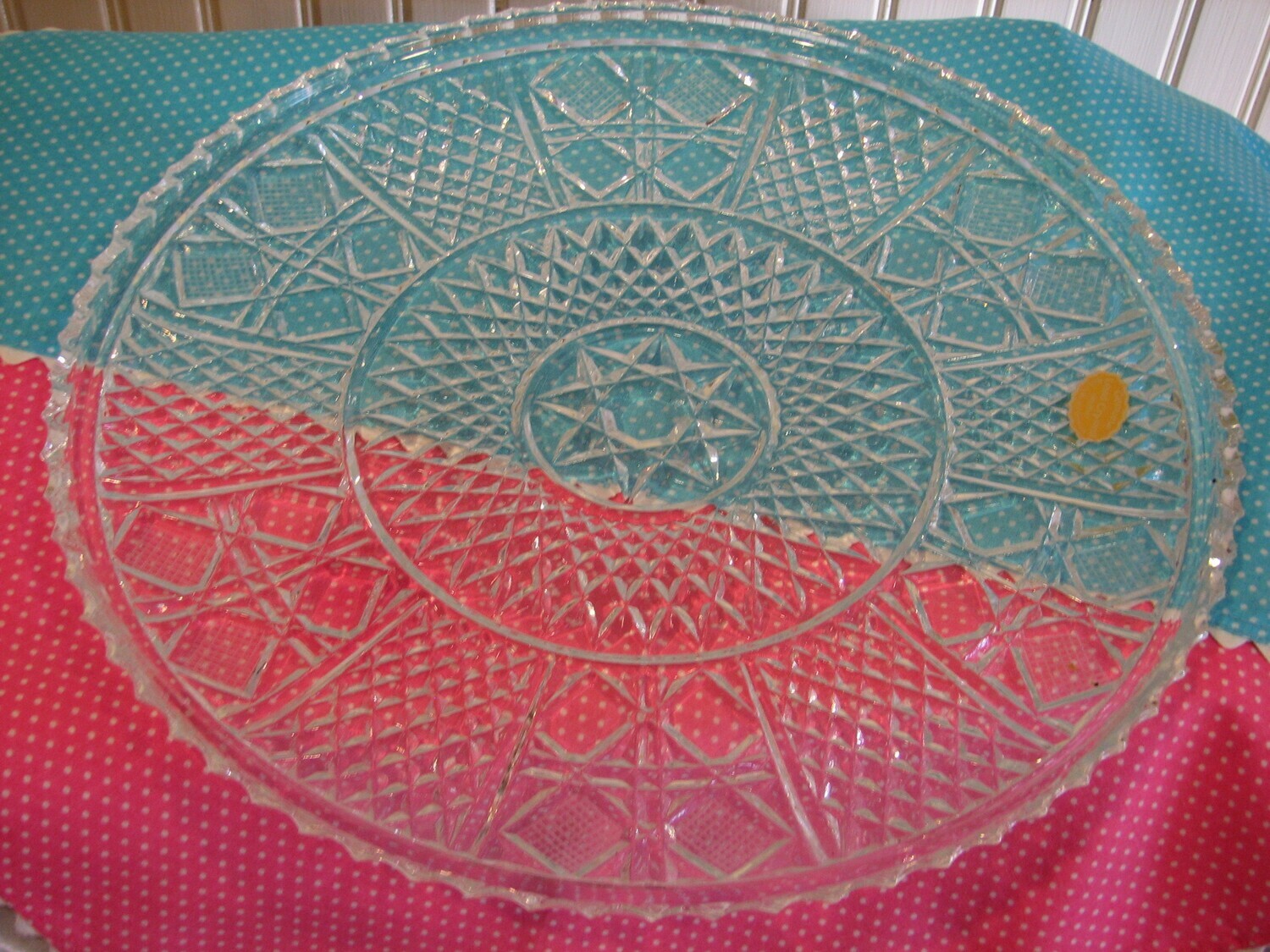 EAPG Leaded Crystal Cake Platter, East Germany, Star &amp; Diamond Pattern
