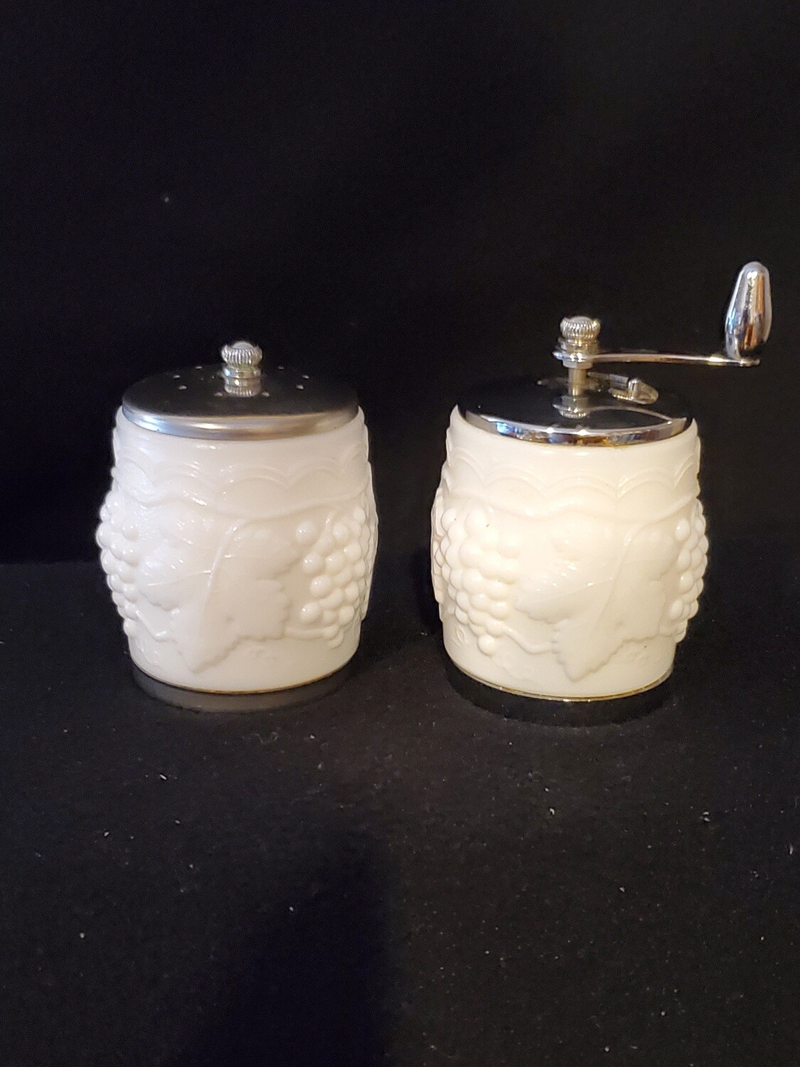 Thompson Milk Glass, Grape Cluster, Pepper mill &amp; Salt Shaker set. 2 1/2&quot; H.