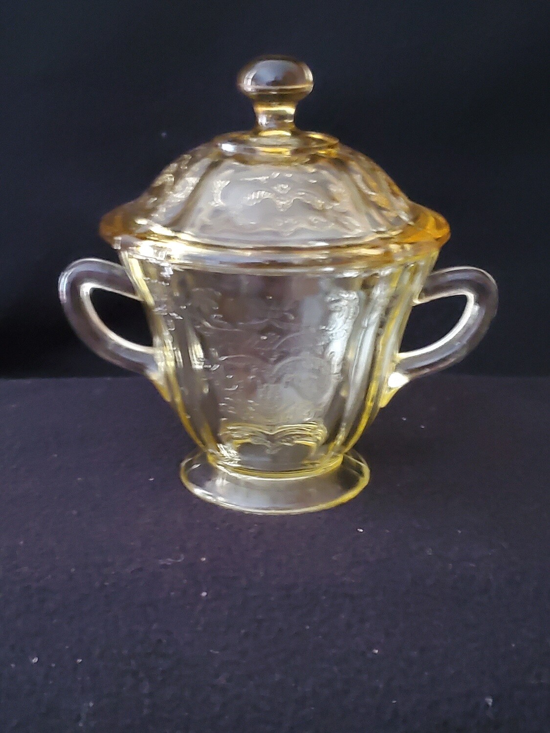 Vintage Amber Yellow Depression Glass, Sugar With Lid, Madrid Pattern by Federal Glass. 5 1/4"