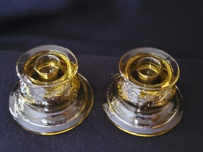 Vintage Amber Yellow Depression Candle Holder Set,  Madrid Pattern by Federal Glass. 2 1/4"