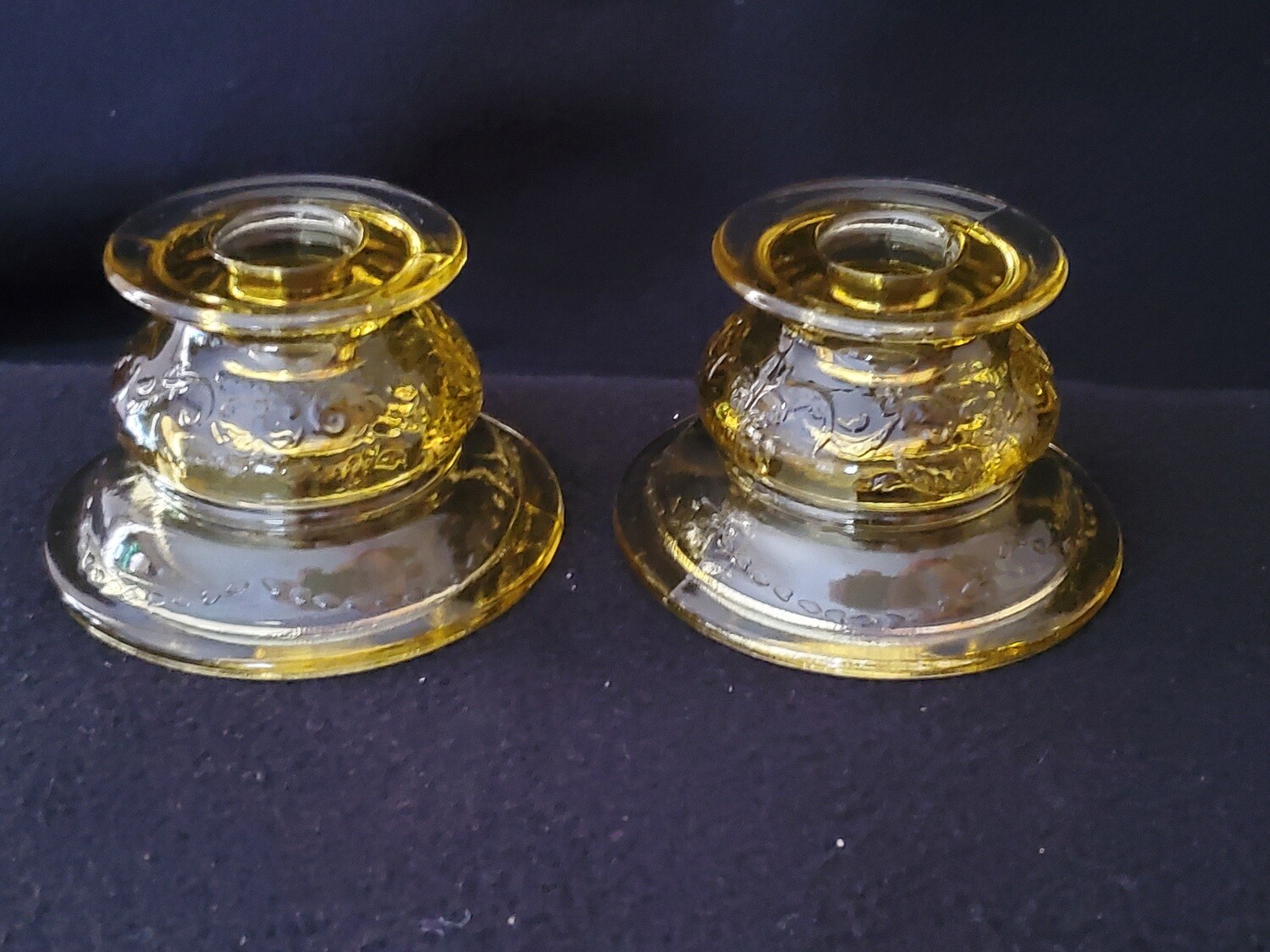 Vintage Amber Yellow Depression Candle Holder Set,  Madrid Pattern by Federal Glass. 2 1/4"