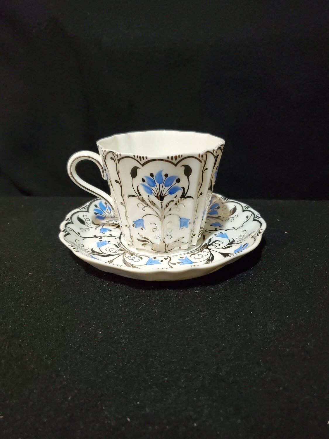 Wedgwood Bone China, Flat Demitasse Cup &amp; Saucer Set, Papyrus Blue and Silver