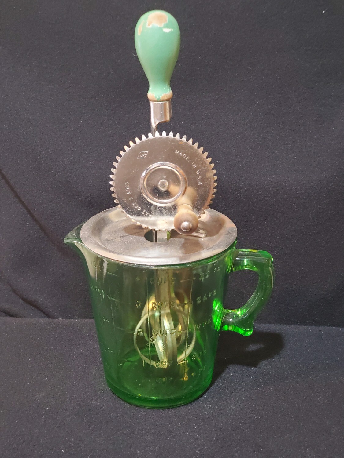Outstanding A&J Green Uranium Glass Egg Beater Hand Mixer - Ruby Lane
