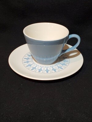 Richelieu by Homer Laughlin, Cup &amp; Saucer Set, Turquoise Blue Cup with White/Blue saucer, Fleur De Lis Pattern.