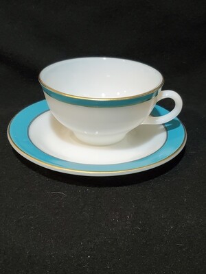 Pyrex, Cup & Saucer, Milk Glass, Turquoise Banded