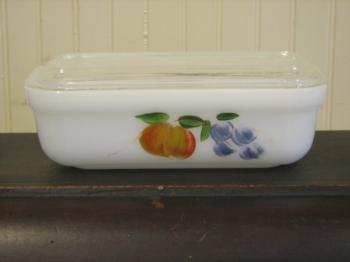 Fire King Covered Loaf Pan / Casserole #12, "Gay Fad" Painted
