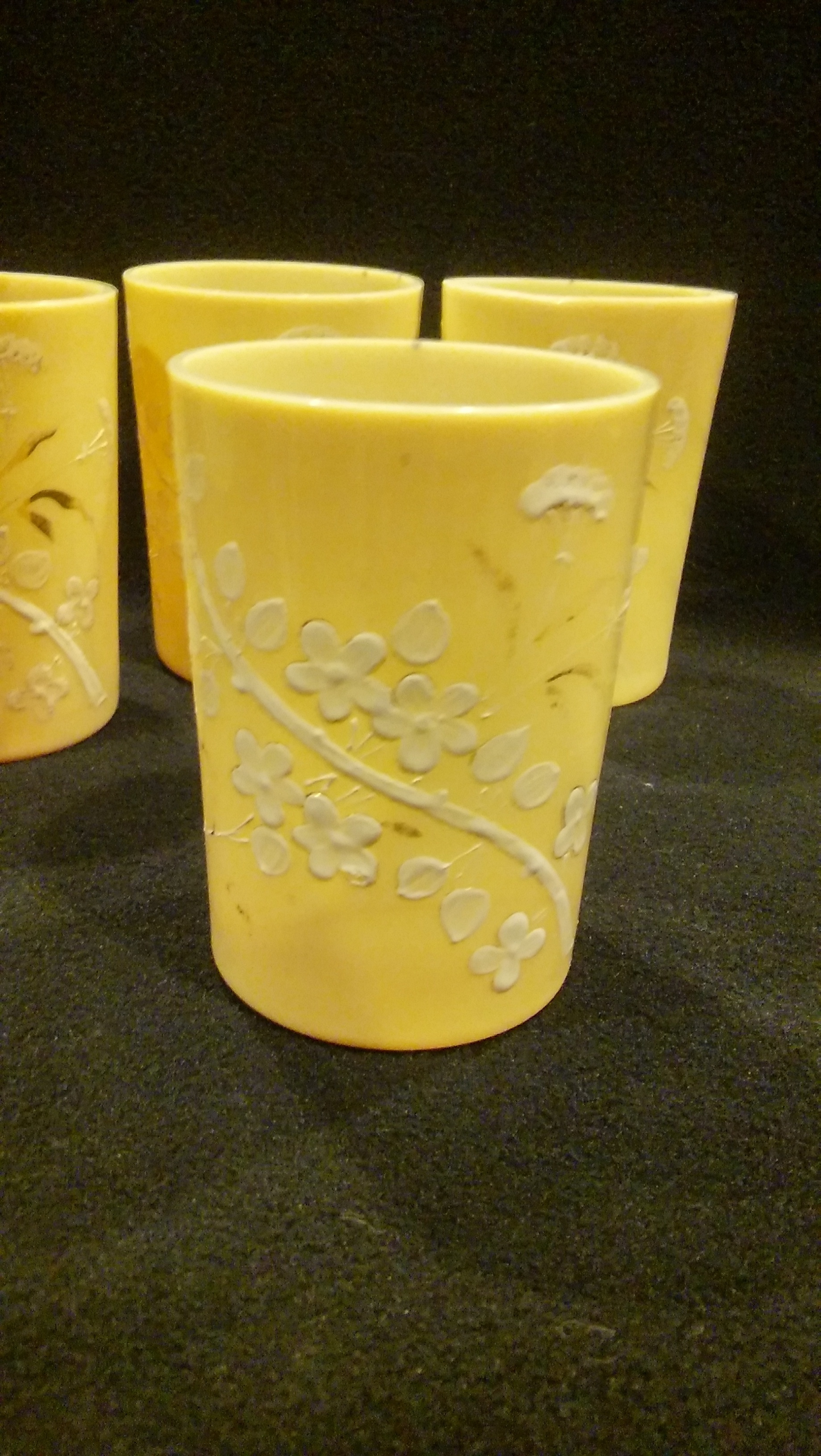 Custard Glass Tumblers, Branch of Cherry Blossom Design, White &amp; Gold. SET OF 4
