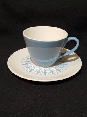 Richelieu by Homer Laughlin, Cup &amp; Saucer Set, Turquoise Blue Cup with White/Blue saucer, Fleur De Lis Pattern.