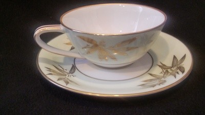 Noritake China Flat Coffee Cup & Saucer, Pattern #5271, Gold Bamboo Leaves
