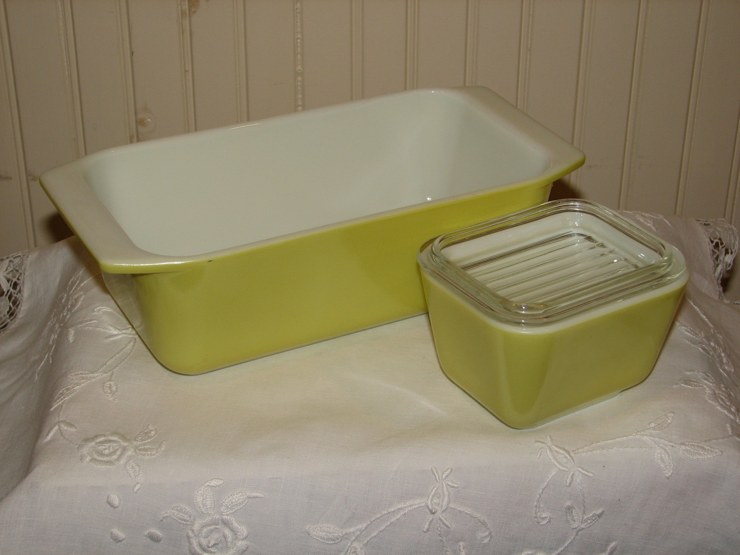 Vintage Pyrex, Loaf Pan & Refrigerator Dish, Lime Green