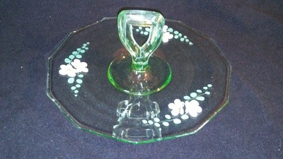 Vintage RARE Vaseline 10.5" Green Glass Flower Tidbit Handle Serving Tray