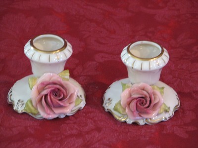 Vintage Porcelain Candle Stick Holders (2) W/Porcelain Roses