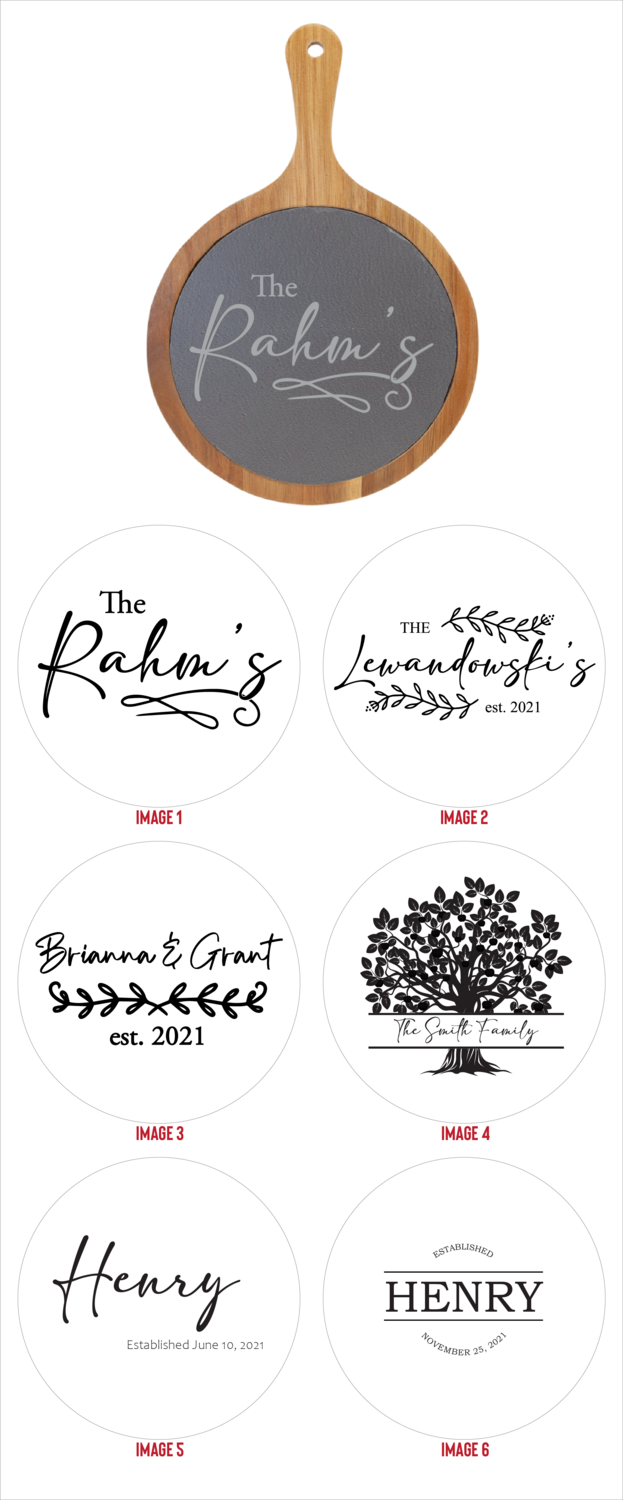 Round Acacia Wood/Slate Serving Board - Name Personalization