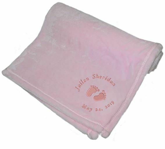 Personalized monogrammed baby blanket for girl embroidered with name and feet (pink)