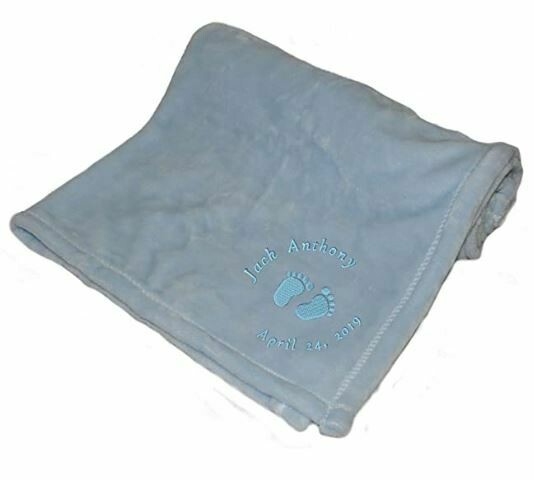 Personalized monogrammed baby blanket for boy embroidered with name and feet (blue)