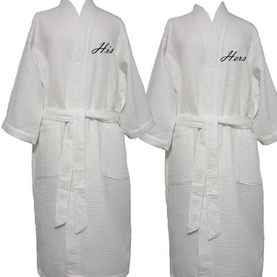 His and Her Robes Set 2 Cotton Waffle White Long 52 inch Cotton Blend