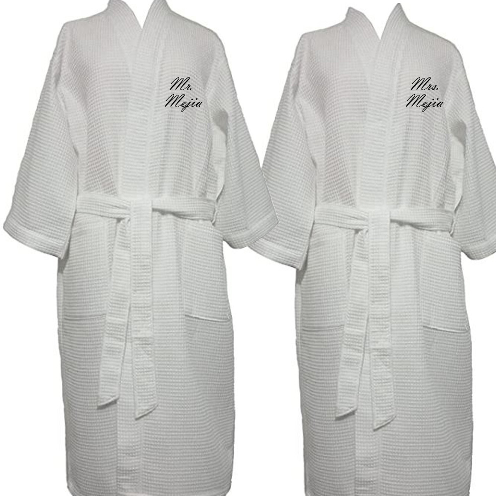 Mr and Mrs Robes Customizable Set 2 Cotton Waffle White 52 inch Mr Mrs Names or Plain (White)