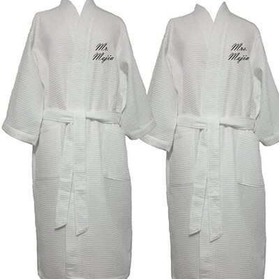 Mr and Mrs Robes Customizable Set 2 Cotton Waffle White 52 inch Mr Mrs Names or Plain (White)