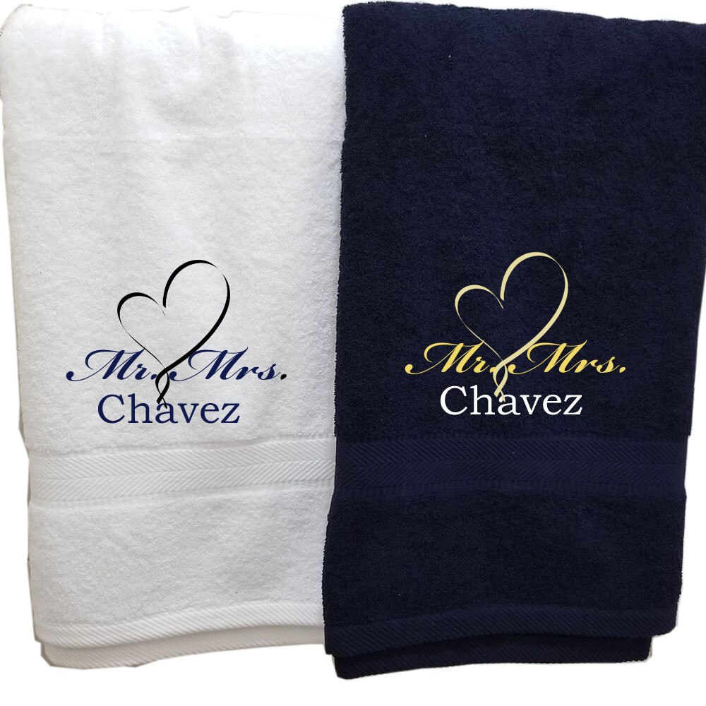 His Hers Couples Towel Set Two Piece Personalized Embroider Names Mr Mrs and Heart (White Navy Blue)