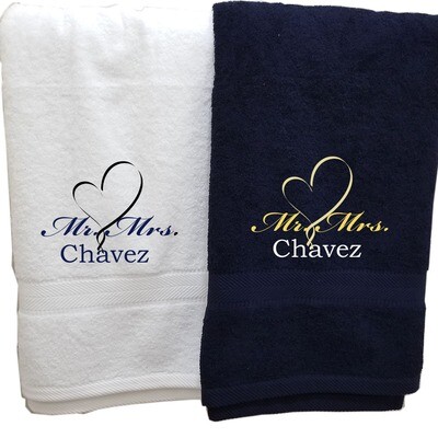 His Hers Couples Towel Set Two Piece Personalized Embroider Names Mr Mrs and Heart (White Navy Blue)